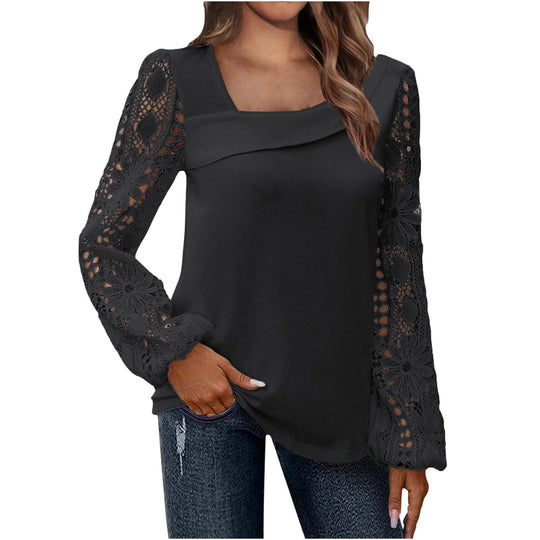 Damen Bluse mit floralen Spitzenärmel und voluminösem Schnitt EB