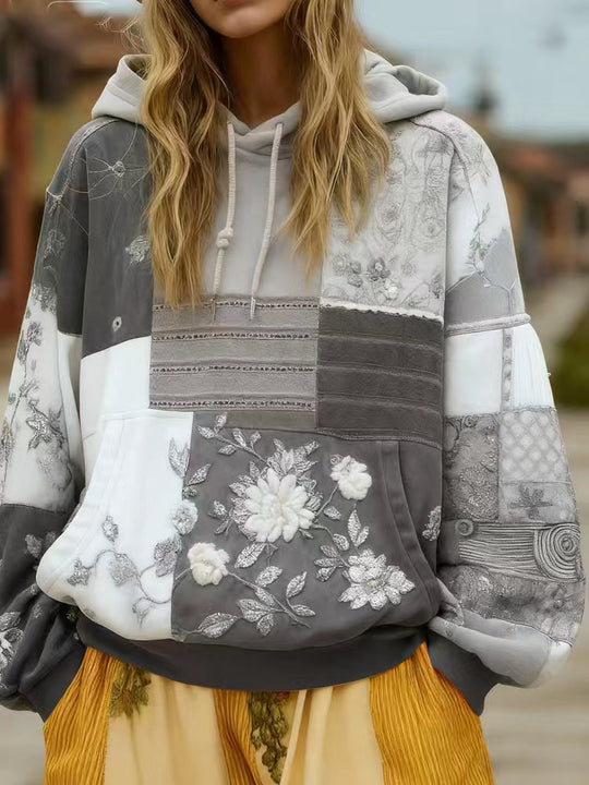 Damen Bestickter Patchwork-Kapuzenpullover mit Blumenapplikation und Kängurutasche EB