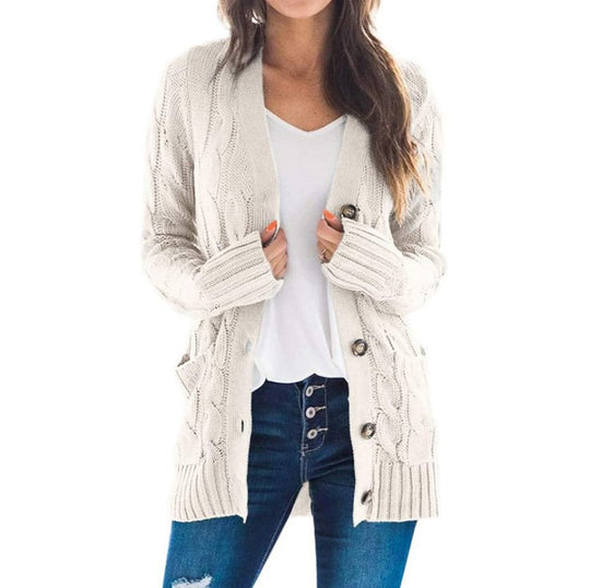 Damen Strickjacke mit Kabelmustern und großen Knöpfen EB