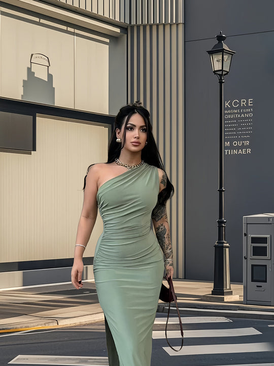 Damen Elegantes Wickelkleid mit asymmetrischem Schnitt und schimmerndem Oberteil EB