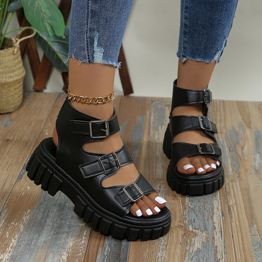 Damen Wedge-Sandalen mit mehreren verstellbaren Schnallen und robustem Plateau EB