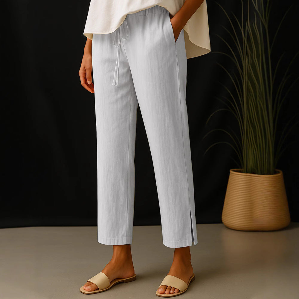 Damen Casual-Chino Leinenoptik Culotte mit elastischem Tunnelzugbund und Eingrifftaschen EB