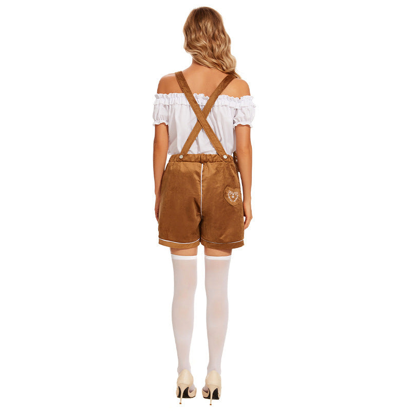 Damen nan Trachten-Latzhose Shorts mit filigraner Stickerei und verstellbaren Trägern EB