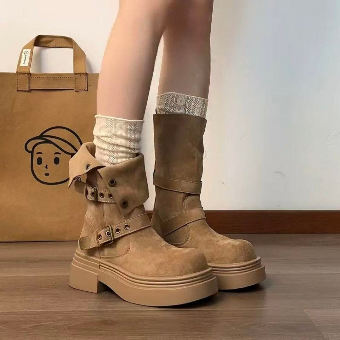Damen Trendige Stiefel mit praktischem Schnallenverschluss und dicker Sohle EB