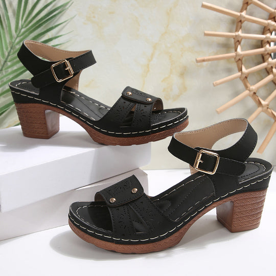 Damen elegante Sandalen mit verzierten Riemchen und Blockabsatz EB