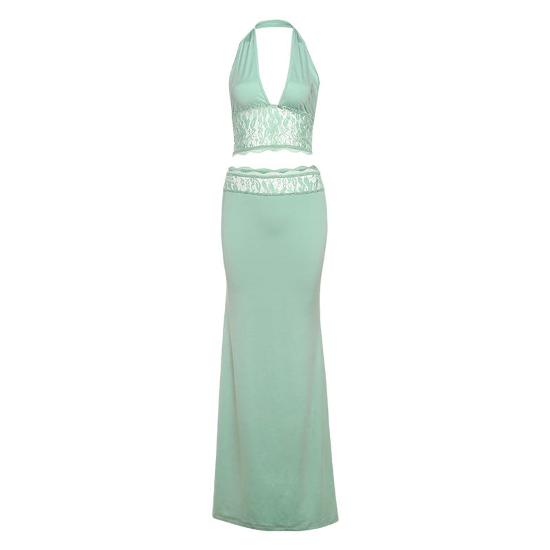 Damen Langer Sommerrock mit tiefem V-Ausschnitt und eleganter Spitzenapplikation EB