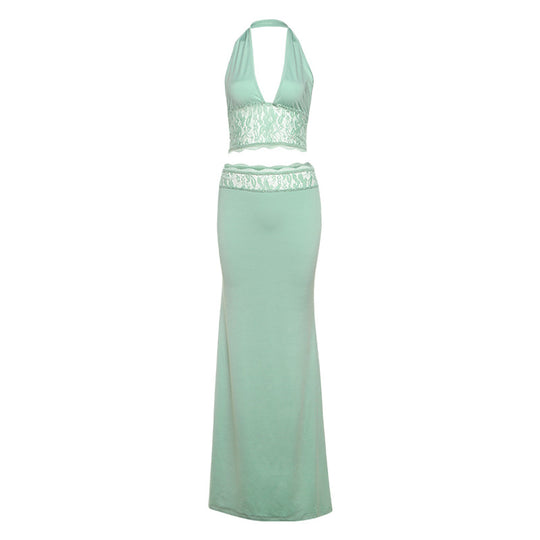 Damen Langer Sommerrock mit tiefem V-Ausschnitt und eleganter Spitzenapplikation EB