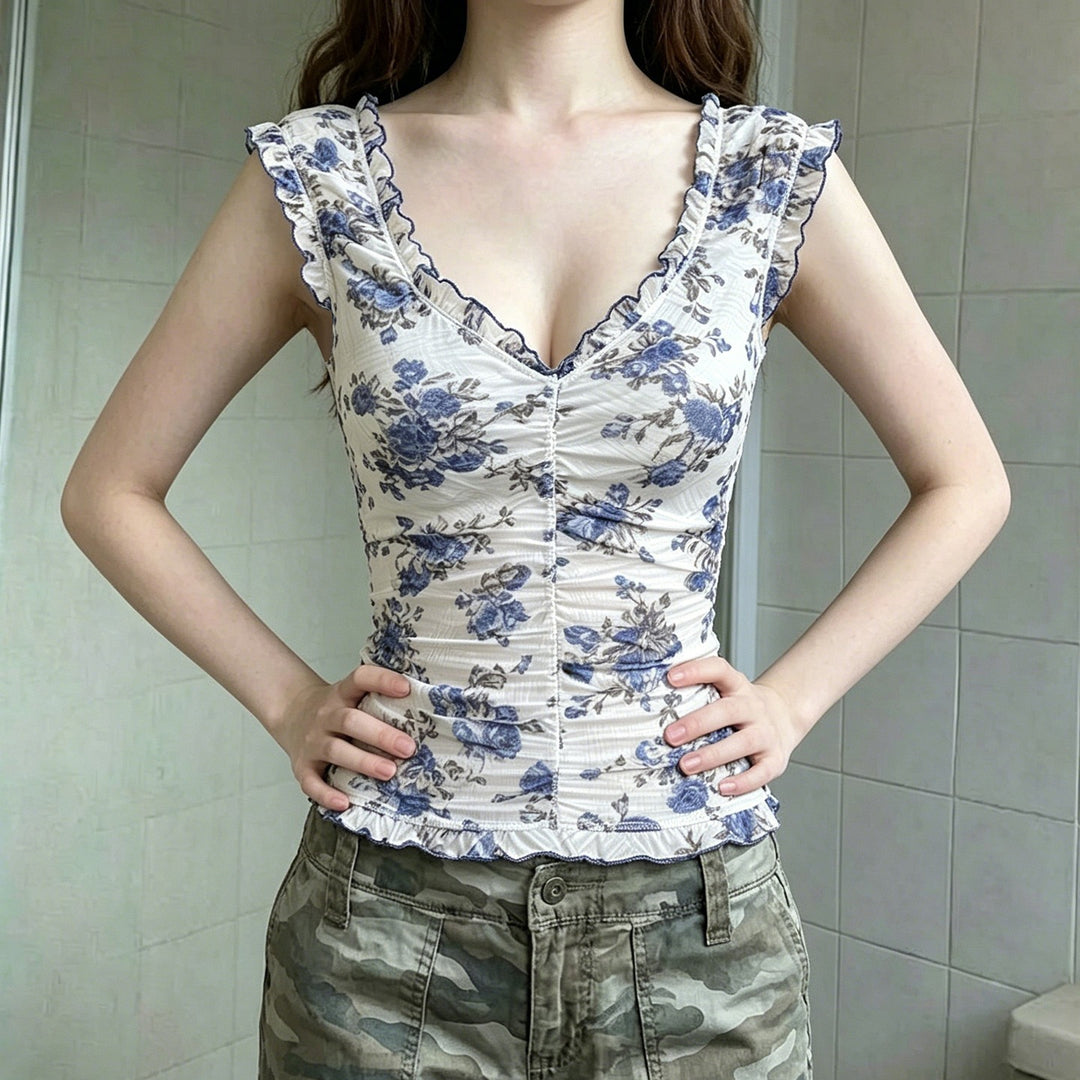 Damen Elegantes Spitzenoberteil mit floralen Akzenten und Rüschen EB