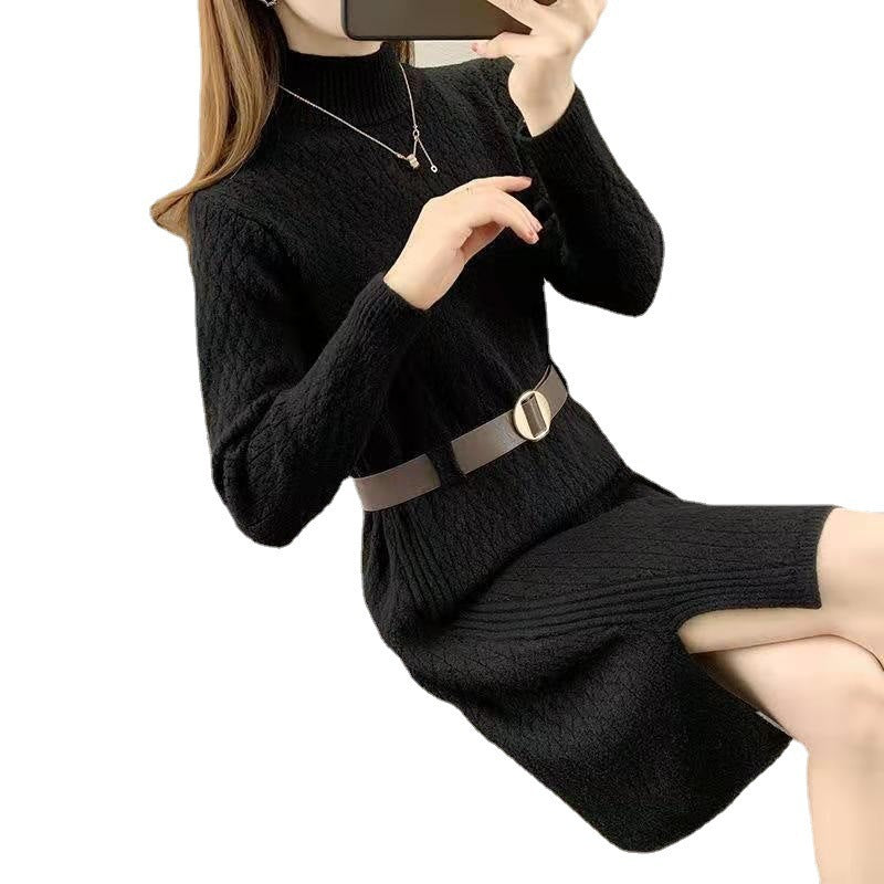 Damen Strickkleid mit hohen Kragen und Taillengürtel EB