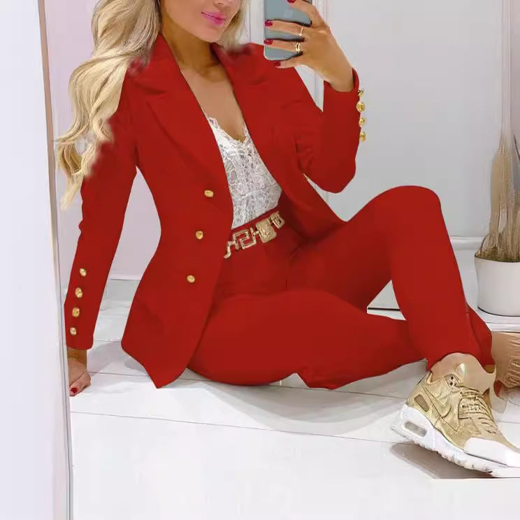 Damen nan tailliertes Doppelreiher-Blazer-Set mit goldknopf-Detail und hochtaillierter Slimhose EB