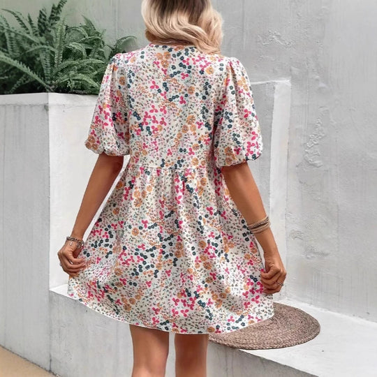 Damen Verspieltes Blümchenkleid mit Puffärmeln und V-Ausschnitt EB