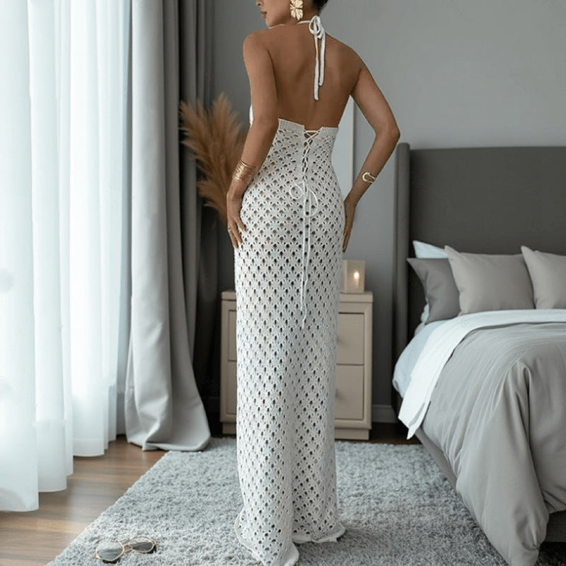 Damen Häkel-Maxi-Kleid mit innovativem Ausschnitt und seitlichen Cut-Outs EB