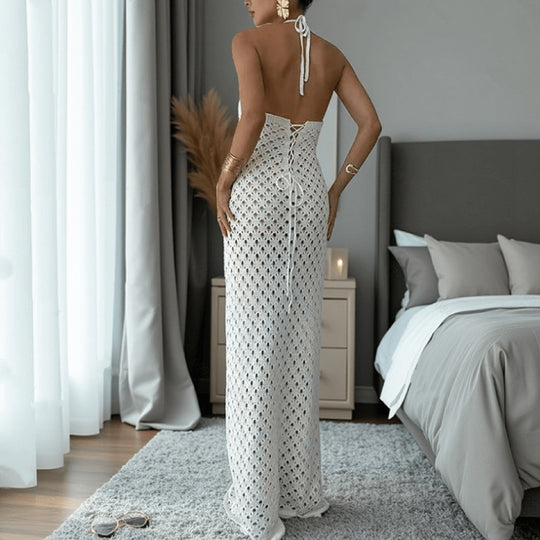 Damen Häkel-Maxi-Kleid mit innovativem Ausschnitt und seitlichen Cut-Outs EB