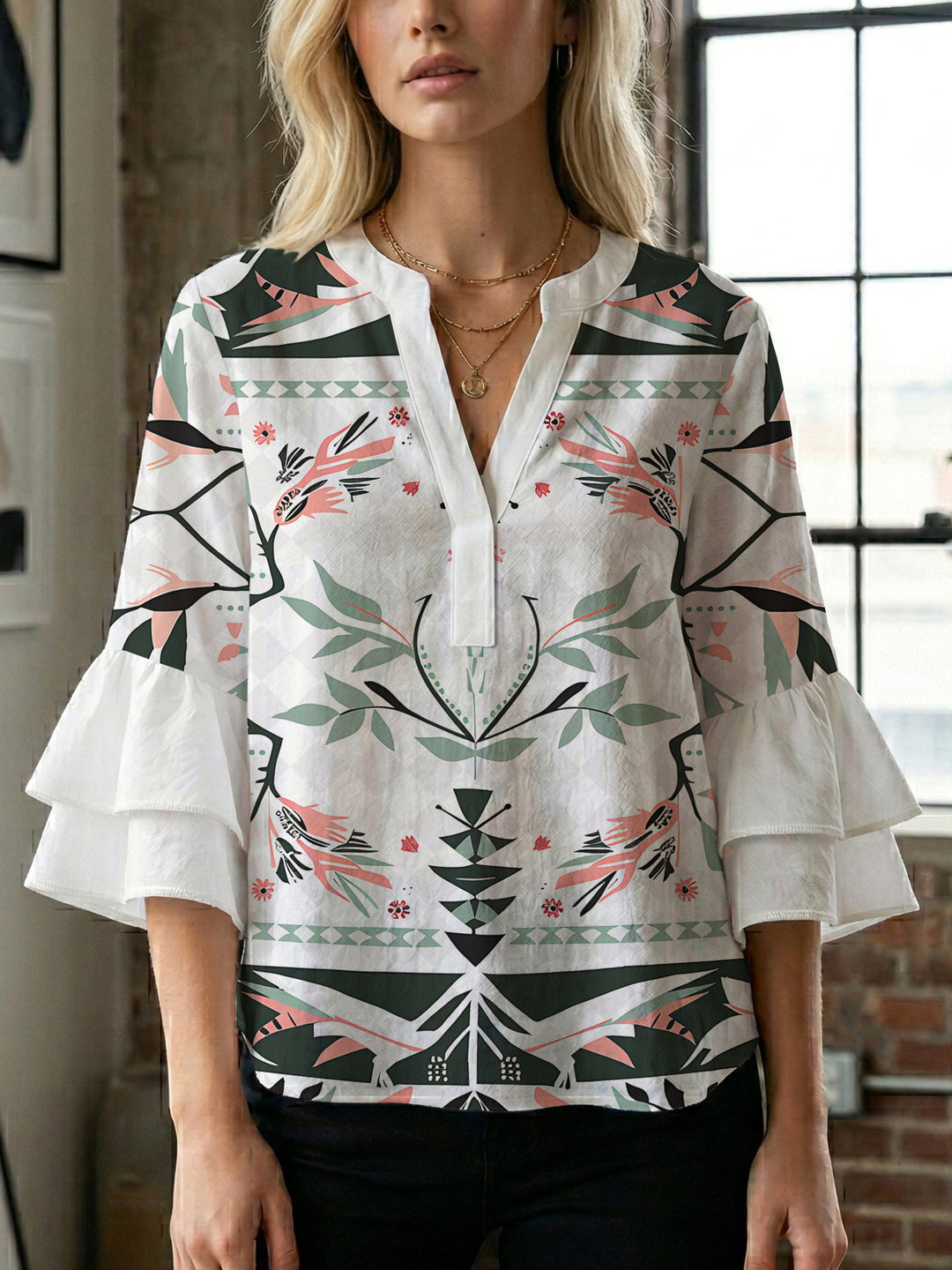 Damen lässige Bluse mit Volantärmeln und botanischem Druck EB
