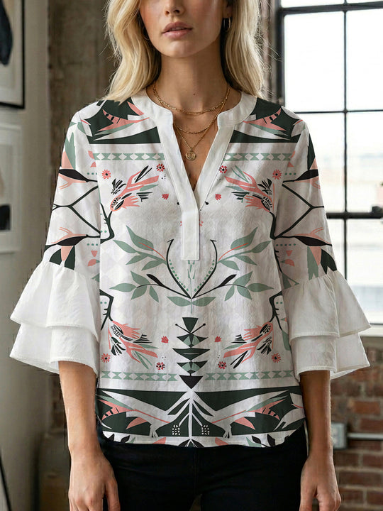 Damen lässige Bluse mit Volantärmeln und botanischem Druck EB