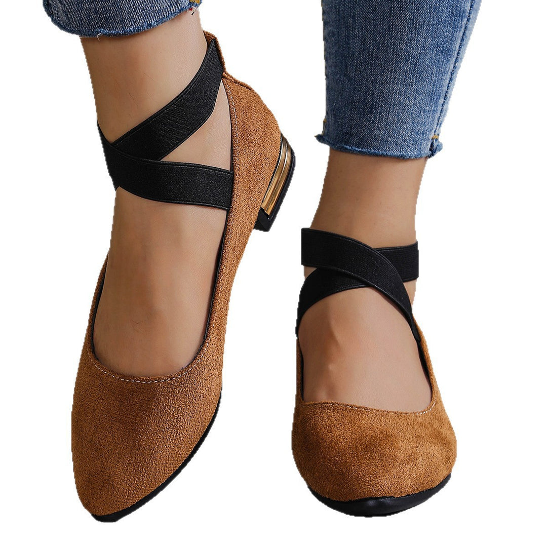 Damen Elegante Ballerinas mit modischem elastischen Riemen und goldfarbenem Detail EB