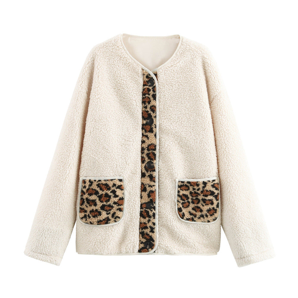 Damen kuschelige Teddyjacke mit tierischem Muster und praktischen Pattentaschen EB