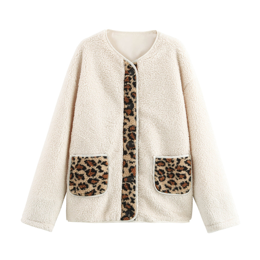 Damen kuschelige Teddyjacke mit tierischem Muster und praktischen Pattentaschen EB