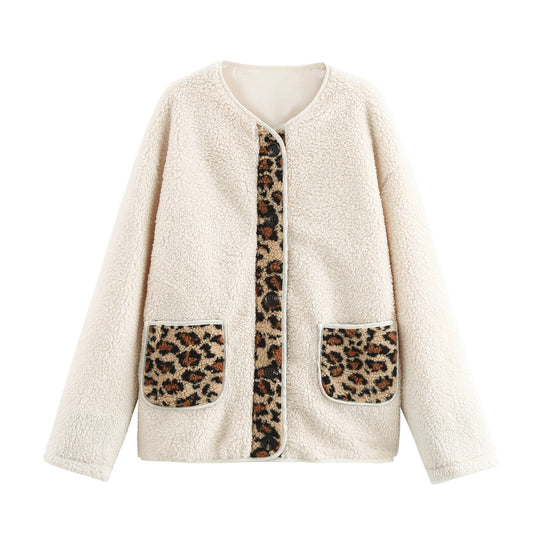 Damen kuschelige Teddyjacke mit tierischem Muster und praktischen Pattentaschen EB