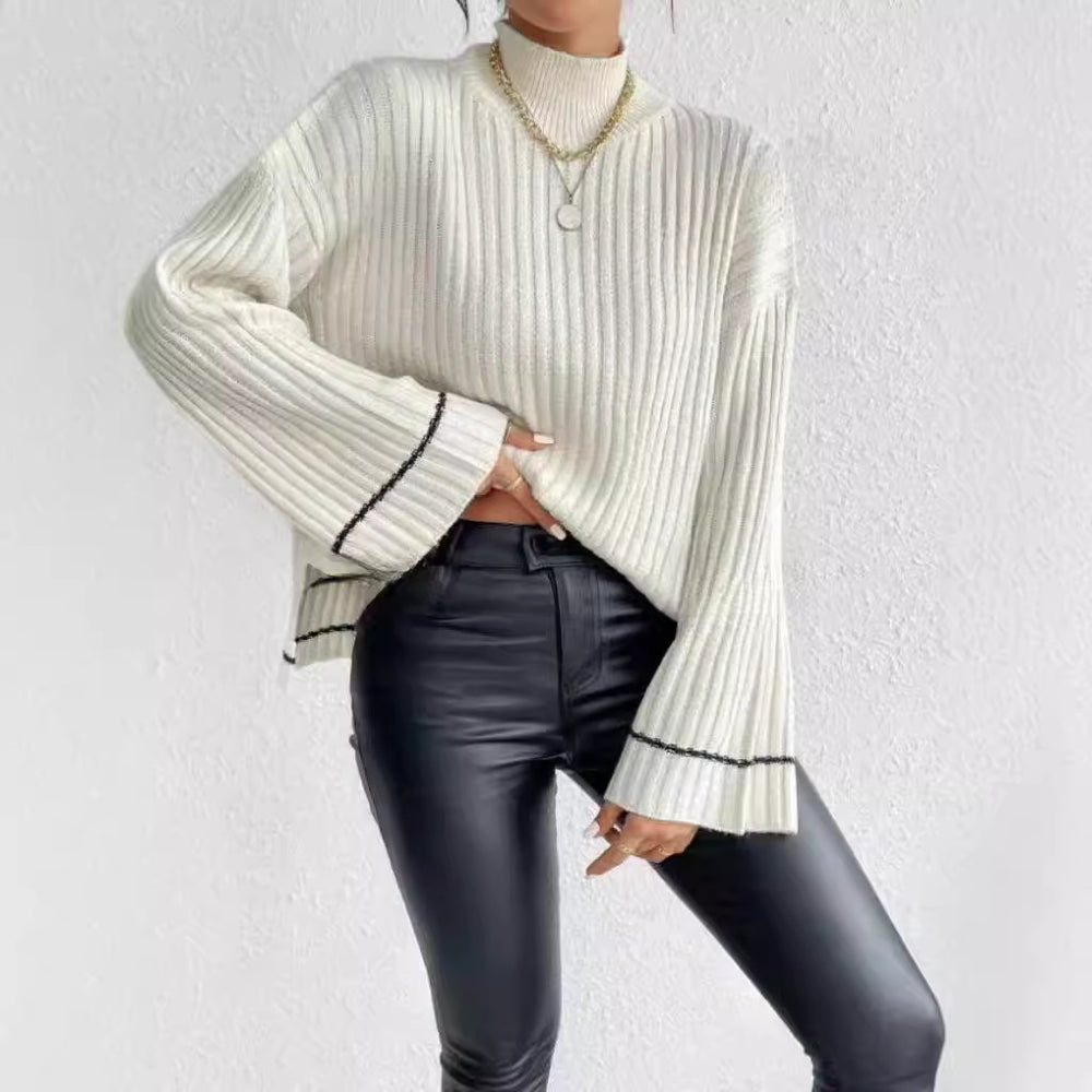 Damen eleganter Strickpullover mit hohem Kragen und weitem Ärmelabschluss EB