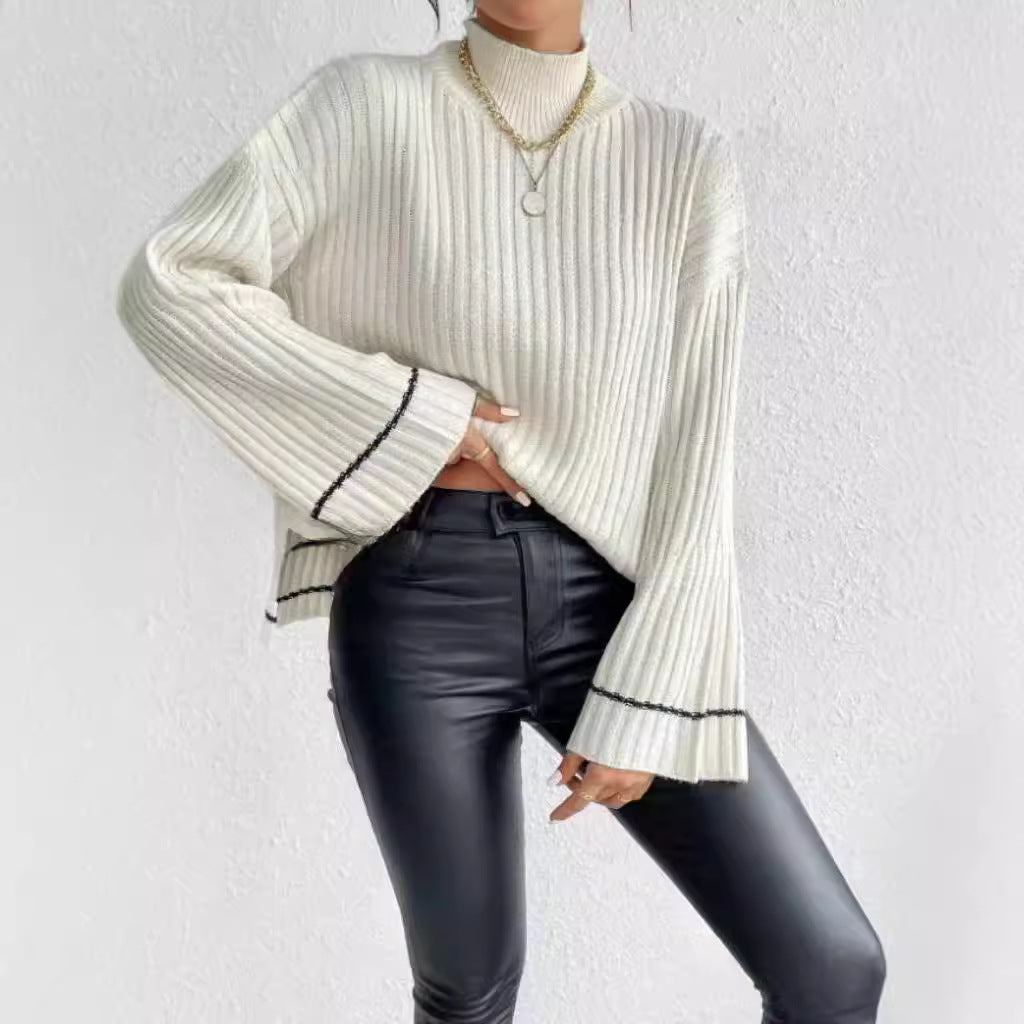 Damen eleganter Strickpullover mit hohem Kragen und weitem Ärmelabschluss EB