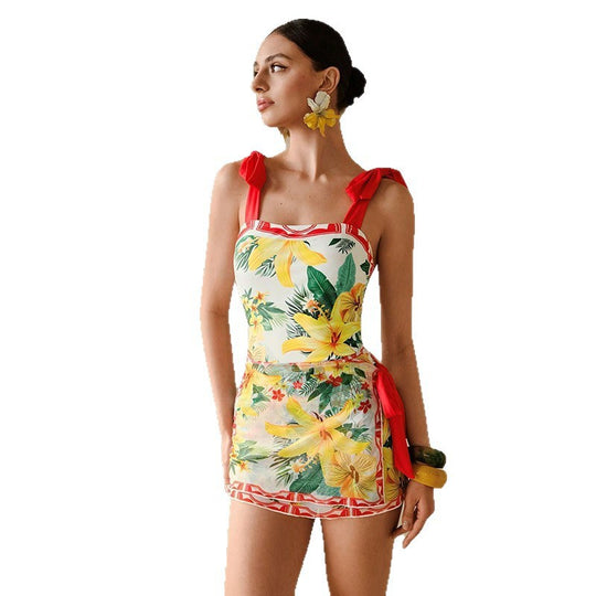 Damen Badeanzug mit abnehmbarer Rüsche und tropischem Blumendesign EB