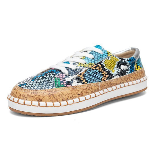Damen Sneaker mit Korksohle und buntem Schlangenmuster EB