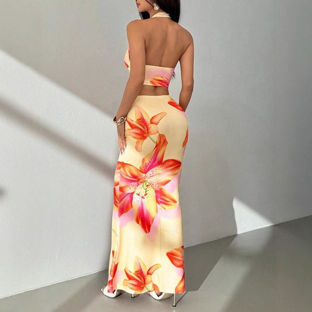 Damen Zweiteiliges Sommeroutfit mit floralem Design und elegantem V-Ausschnitt EB