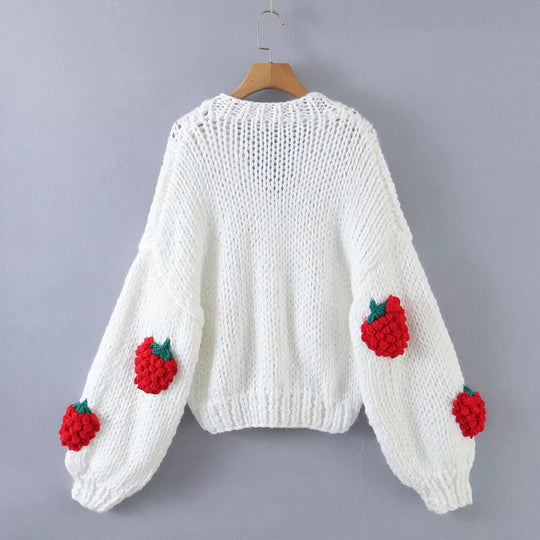 Damen Strickjacke mit Erdbeerapplikationen und Knopfverschluss EB
