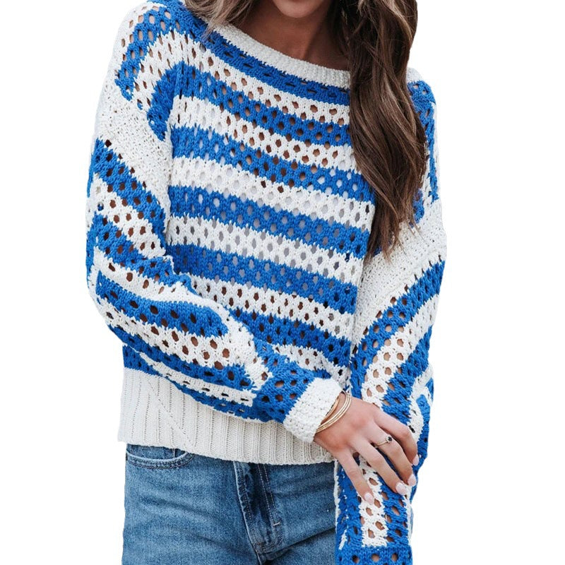 Damen luftiger Strickpullover mit großflächigem Lochmuster und Streifendesign EB