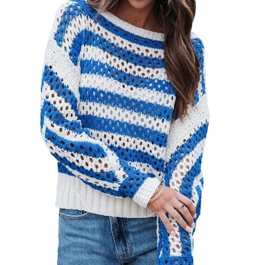 Damen luftiger Strickpullover mit großflächigem Lochmuster und Streifendesign EB