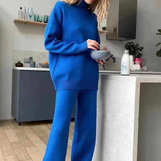 Damen Lässiges Strickset mit hohem Kragen und weitem Bein EB