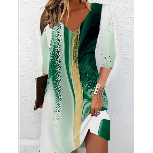 Damen V-Ausschnitt Kleid mit modernem Aquarellmuster EB