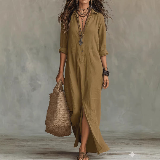 Damen Langes Hemdkleid mit Knopfverschluss und seitlichem Schlitz EB