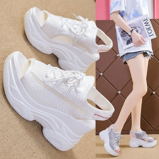 Damen Plateau-Sandalen mit atmungsaktiver Obermaterialstruktur und modischem Schnürdesign EB