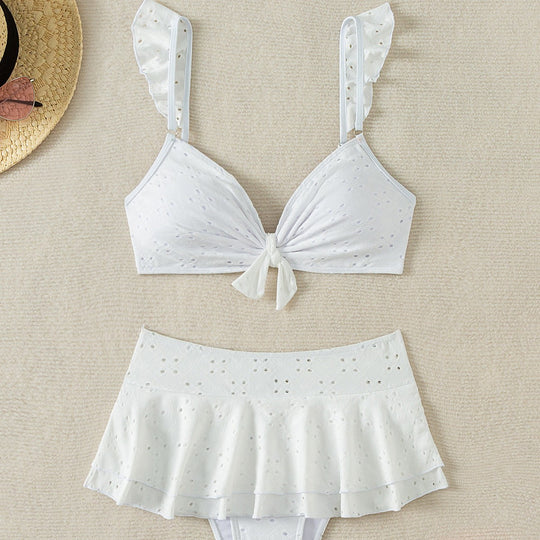 Damen Oberteil-Bikini mit Rüschendetails und knopfverzierter Schleife EB