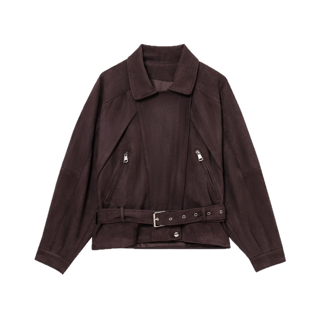 Damen Elegante Wildlederjacke mit modischen Schnallen und praktischen Taschen EB