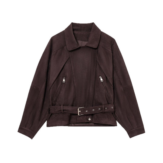 Damen Elegante Wildlederjacke mit modischen Schnallen und praktischen Taschen EB