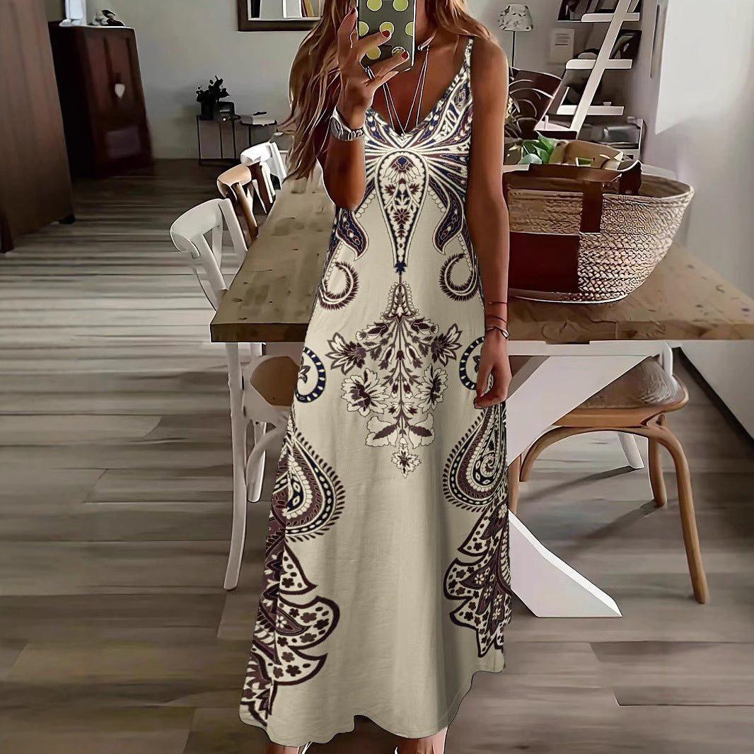 Damen Maxi-Kleid mit geschwärztem Paisley-Muster und elegantem V-Ausschnitt EB