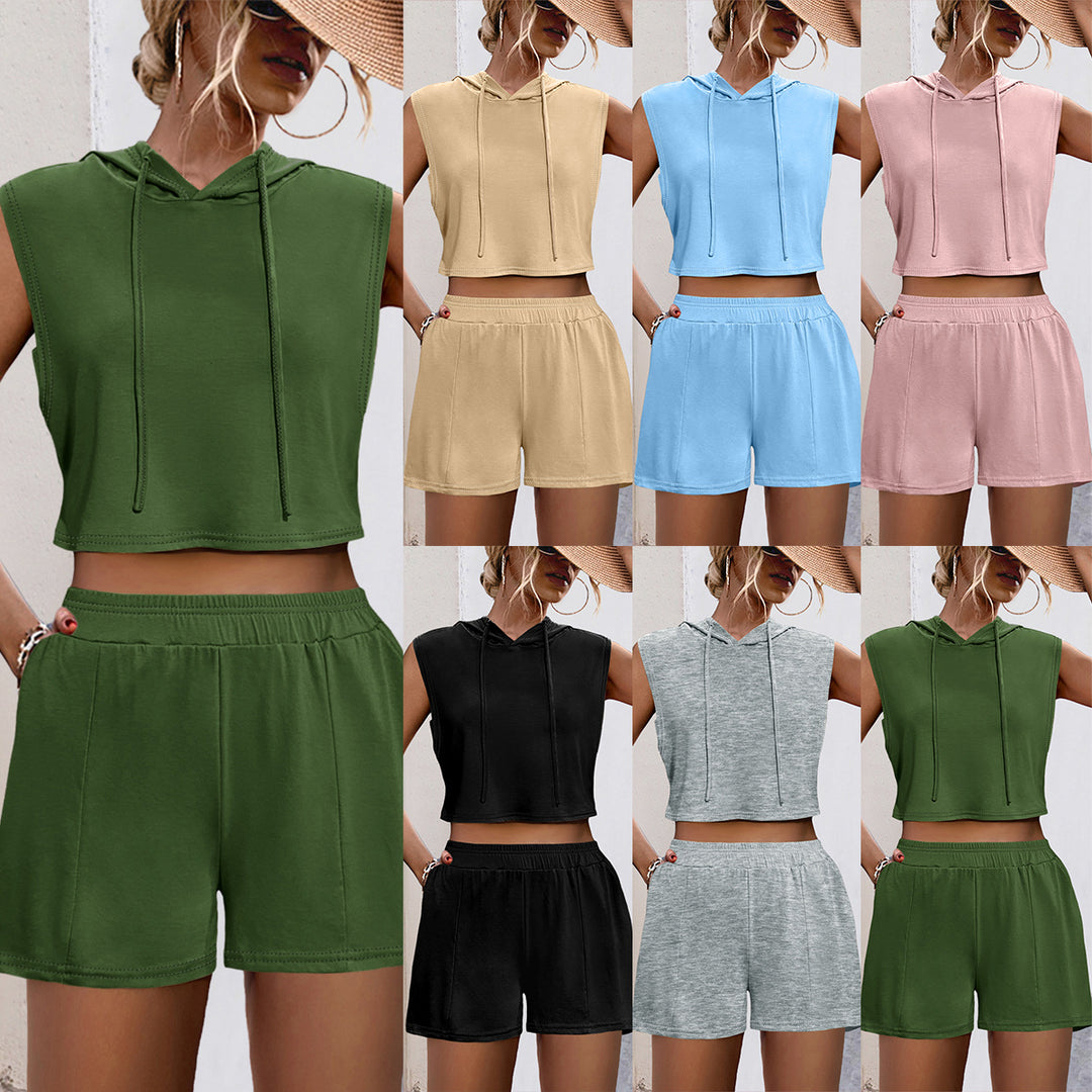 Damen Sportliches Zweiteiliges Set mit Kapuzenoberteil und bequemen Shorts EB