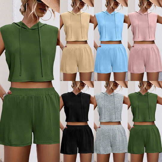 Damen Sportliches Zweiteiliges Set mit Kapuzenoberteil und bequemen Shorts EB