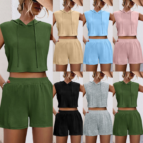 Damen Sportliches Zweiteiliges Set mit Kapuzenoberteil und bequemen Shorts EB