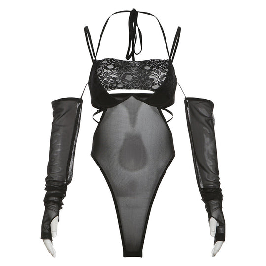 Damen Einteiler Bodysuit mit eleganter Spitzendekoration und transparenter Optik EB