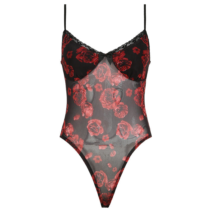 Damen Verführerisches Spitzen-Bodysuit mit Rosenmuster EB
