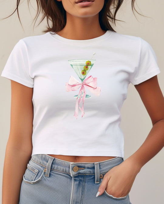 Damen Cropped T-Shirt mit trendy Cocktail-Design EB