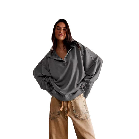 Damen Oversized Sweatshirt mit modischem Kragen und distressed Details EB