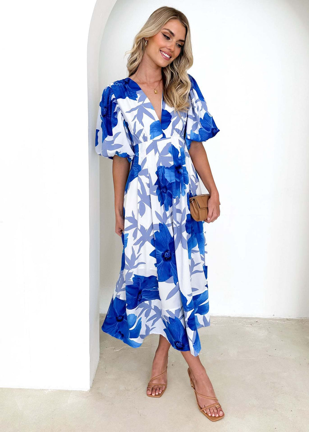 Damen Maxikleid mit buntem floralen Design und lässigen Puffärmeln EB