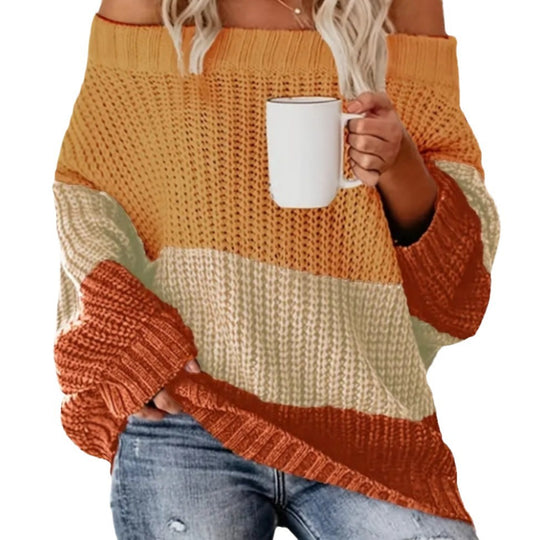 Damen Lässiger Overzise-Strickpullover mit Off-Shoulder-Ausschnitt und angesagtem Farbblockdesign EB