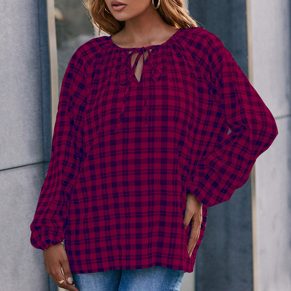 Damen Bluse mit Karo-Muster und Schleifendetail EB