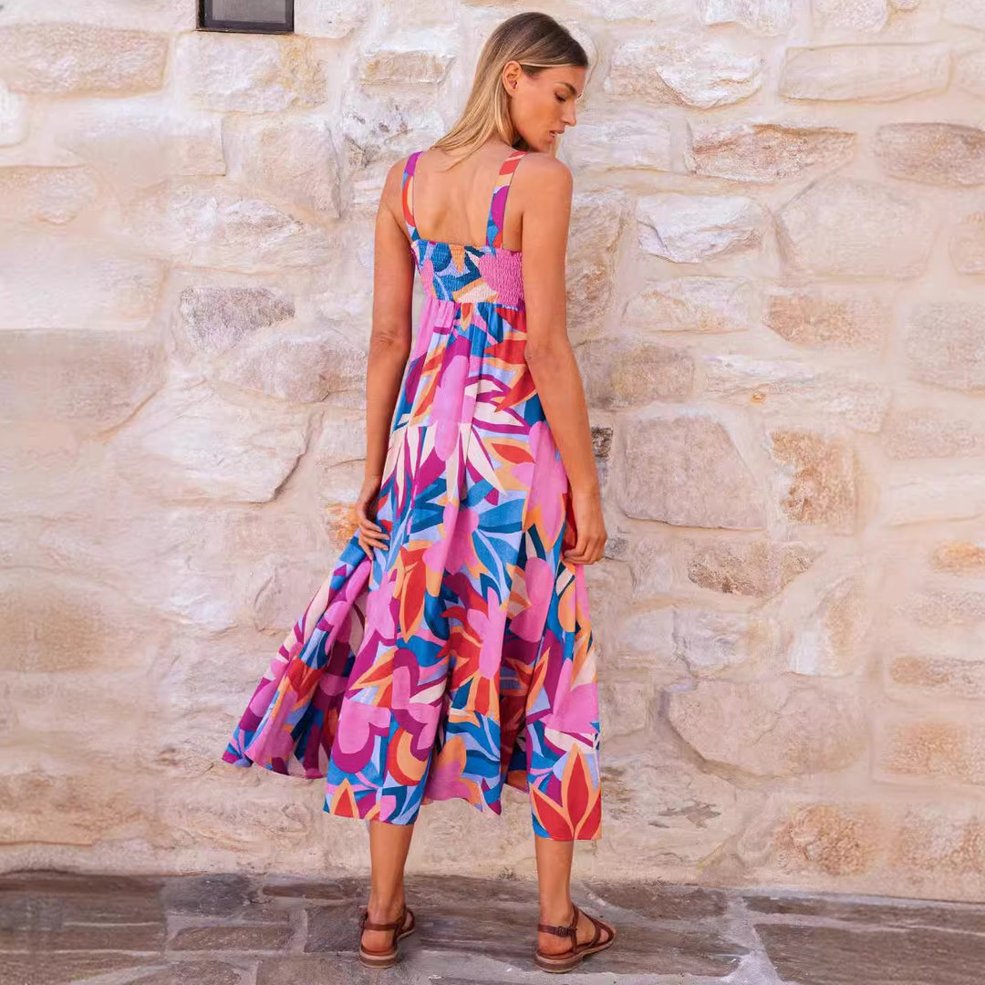 Damen Maxikleid mit lebhaftem floralem Design und schwingendem Rock EB